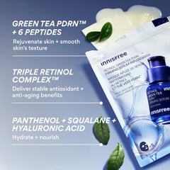 Innisfree Retinol Green Tea PDRN mask closeup shows rich serum detail.