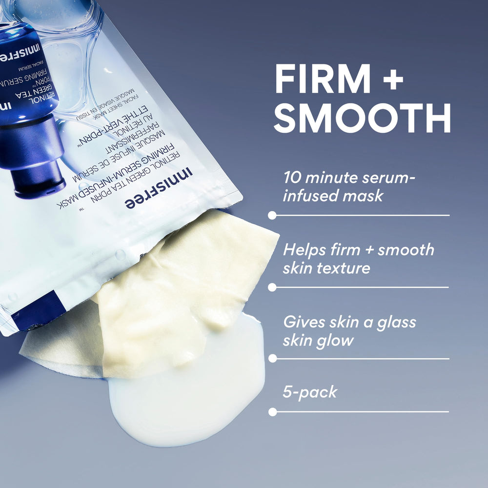 Innisfree Retinol Green Tea PDRN mask unfolds to reveal a silky, hydrating surface.