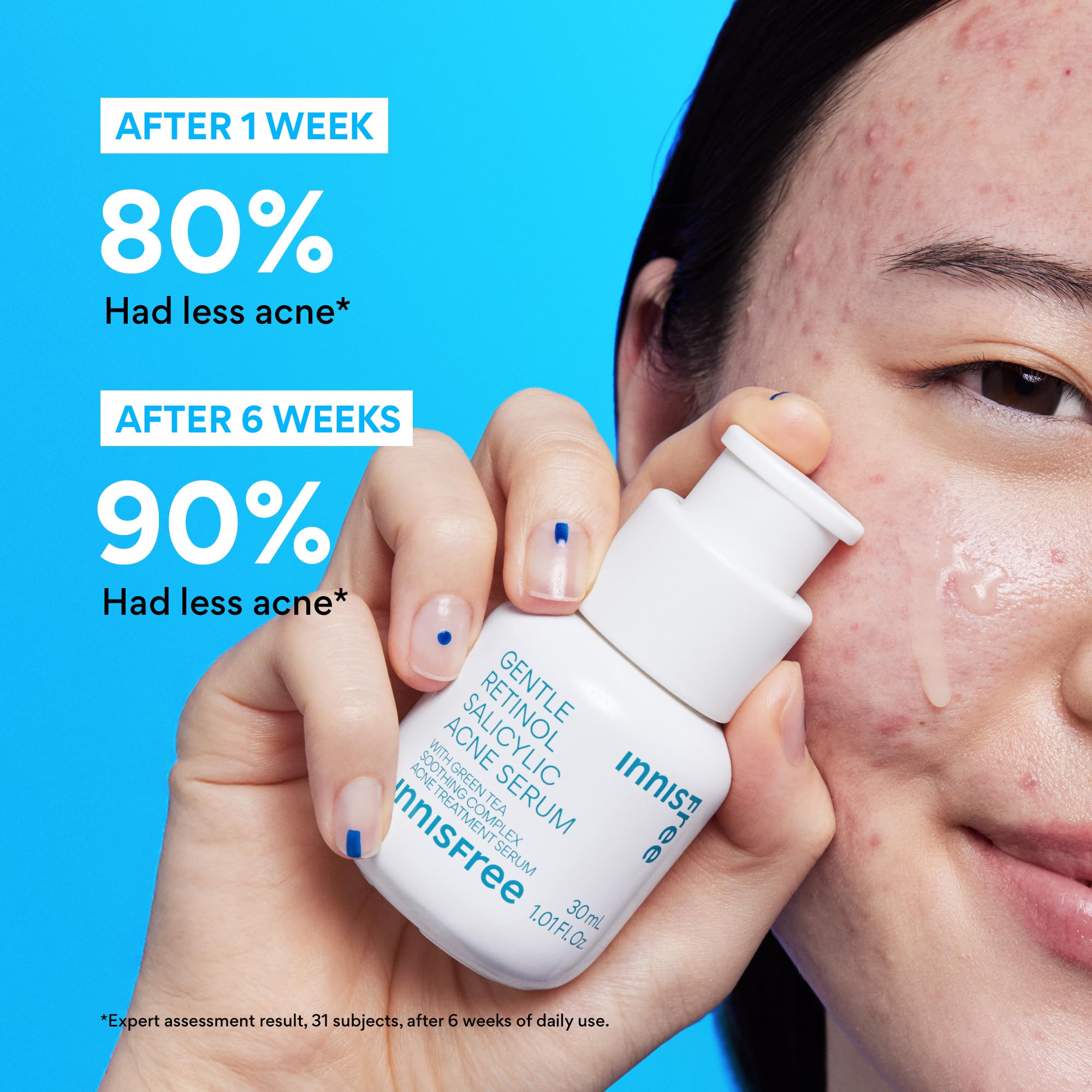 Innisfree serum texture close-up shows light, fast-absorbing formula for daytime use.