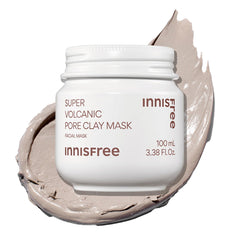 Innisfree Super Volcanic Clay Mask jar shows creamy texture for deep cleansing
