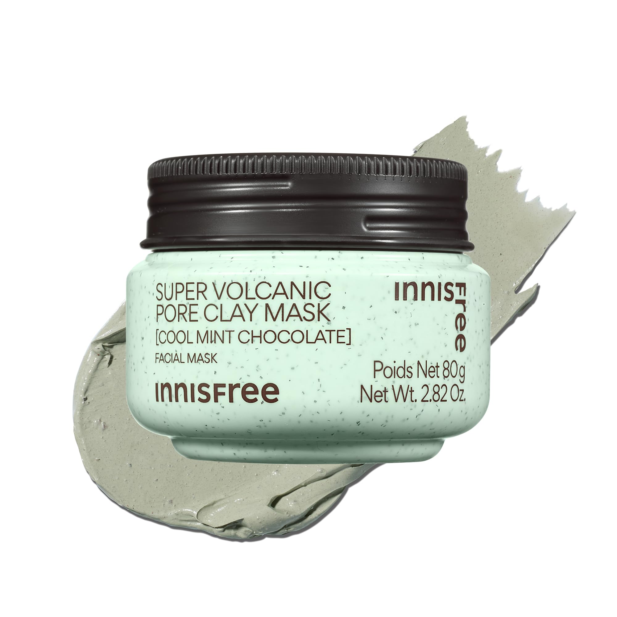 Innisfree Super Volcanic Pore Clay Mask jar close-up highlighting the cooling mint chocolate formula for refreshed pores.