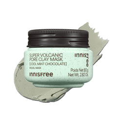 Innisfree Super Volcanic Pore Clay Mask jar close-up highlighting the cooling mint chocolate formula for refreshed pores.