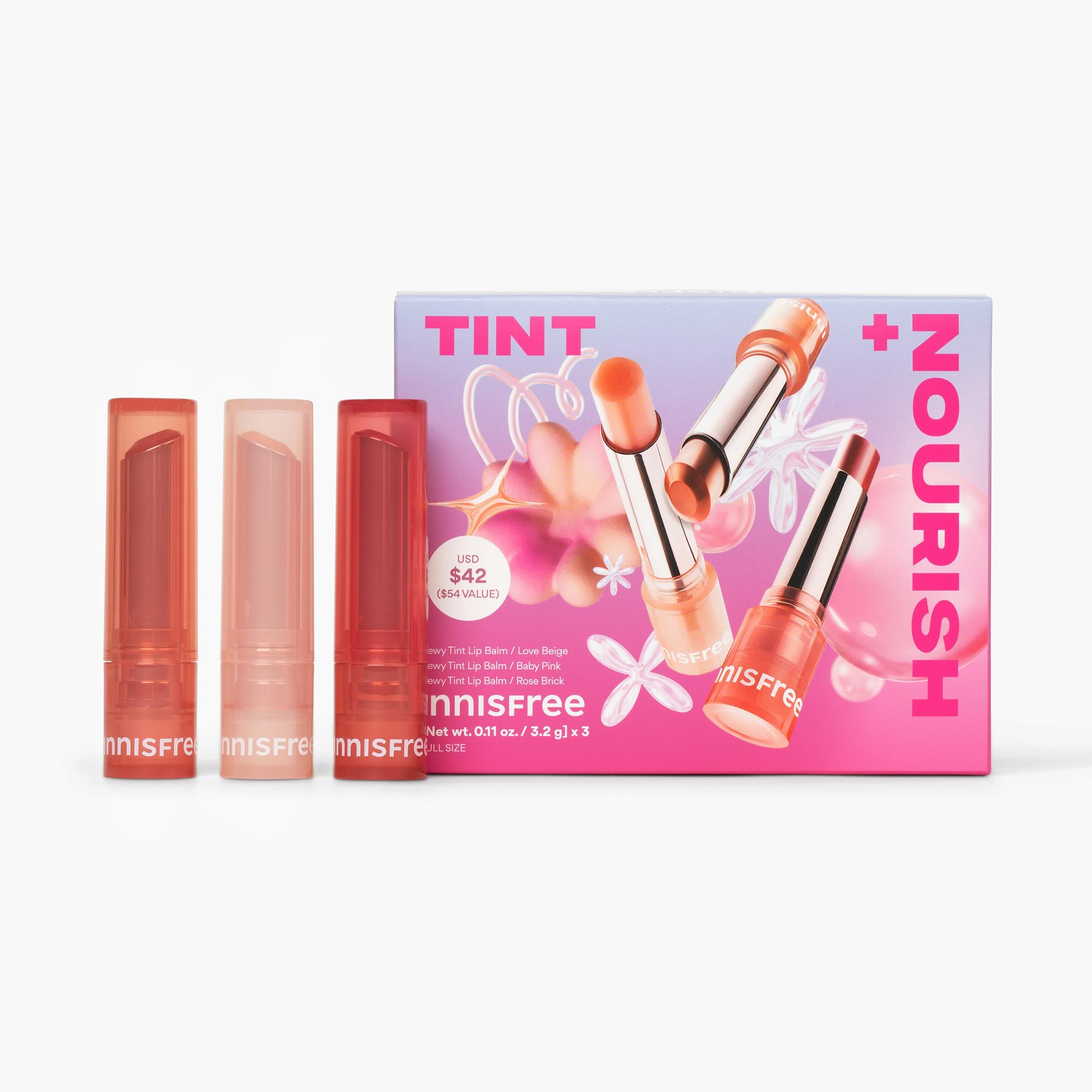 Innisfree Tint + Nourish Dewy Tint Lip Balm Trio display for hydrated lip glow.
