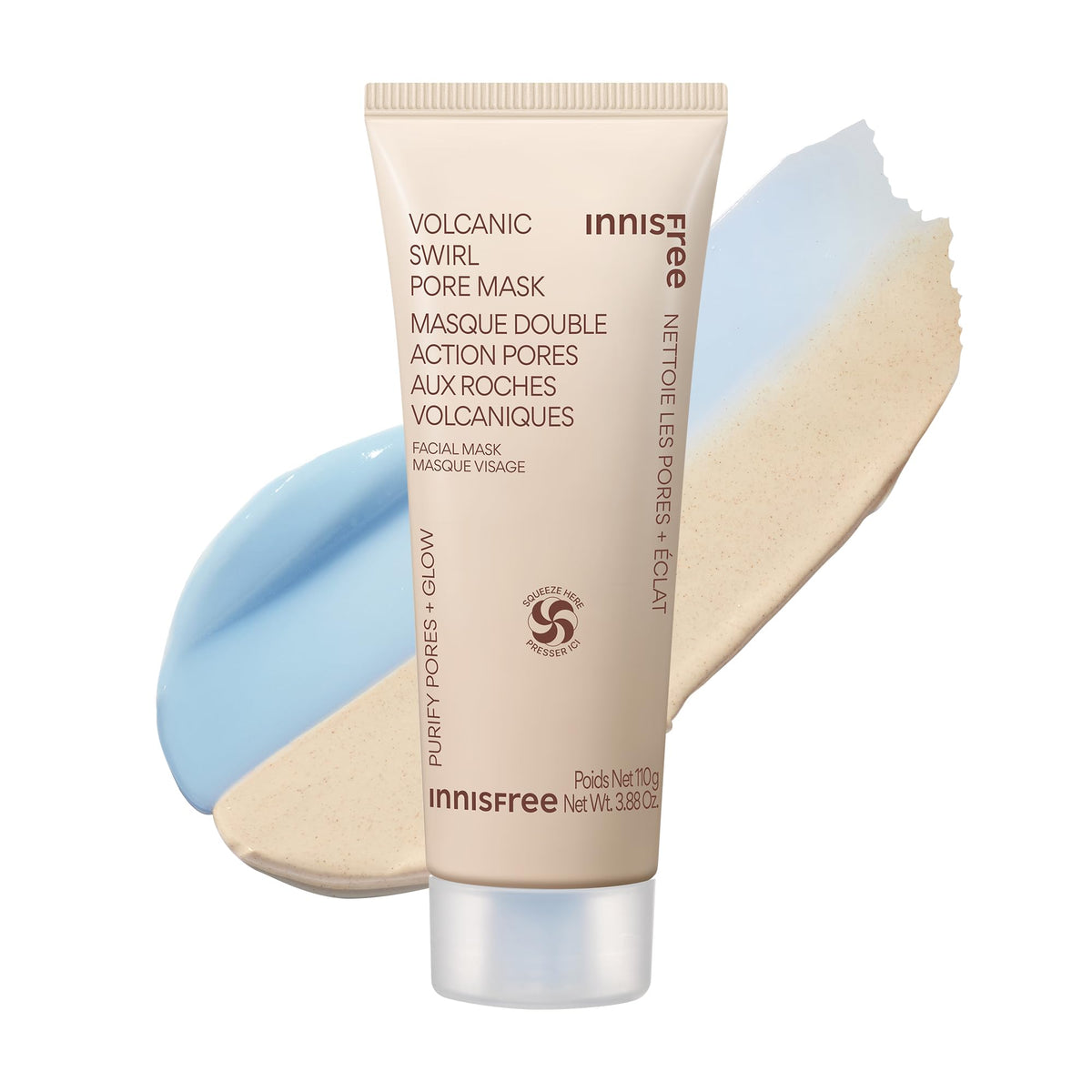 Innisfree Volcanic Swirl mask shows dual-chamber swirl for exfoliation and hydration