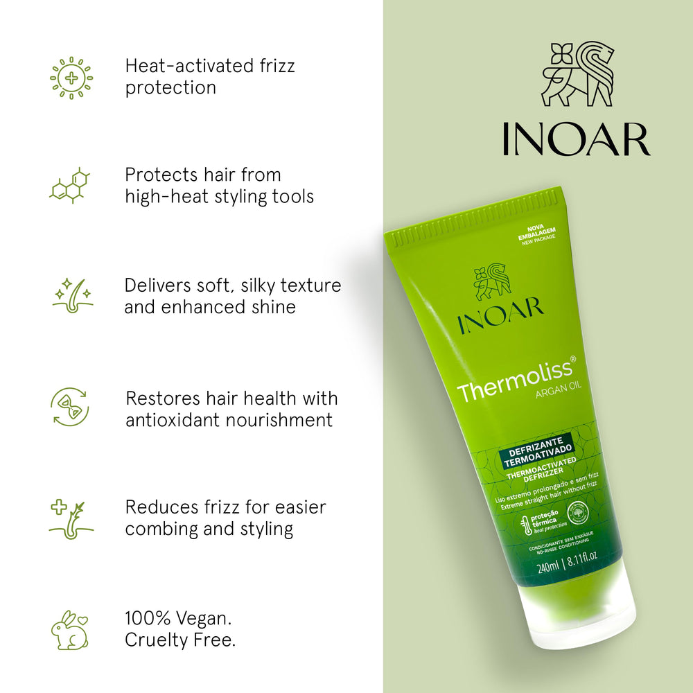 INOAR Argan Oil Thermoliss Balm heat protection image shows glossy, shielded strands during styling