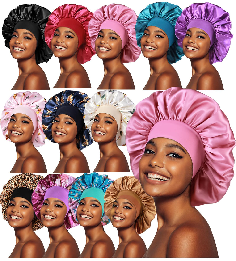Inprog large satin bonnet for sleeping protects long hair overnight.