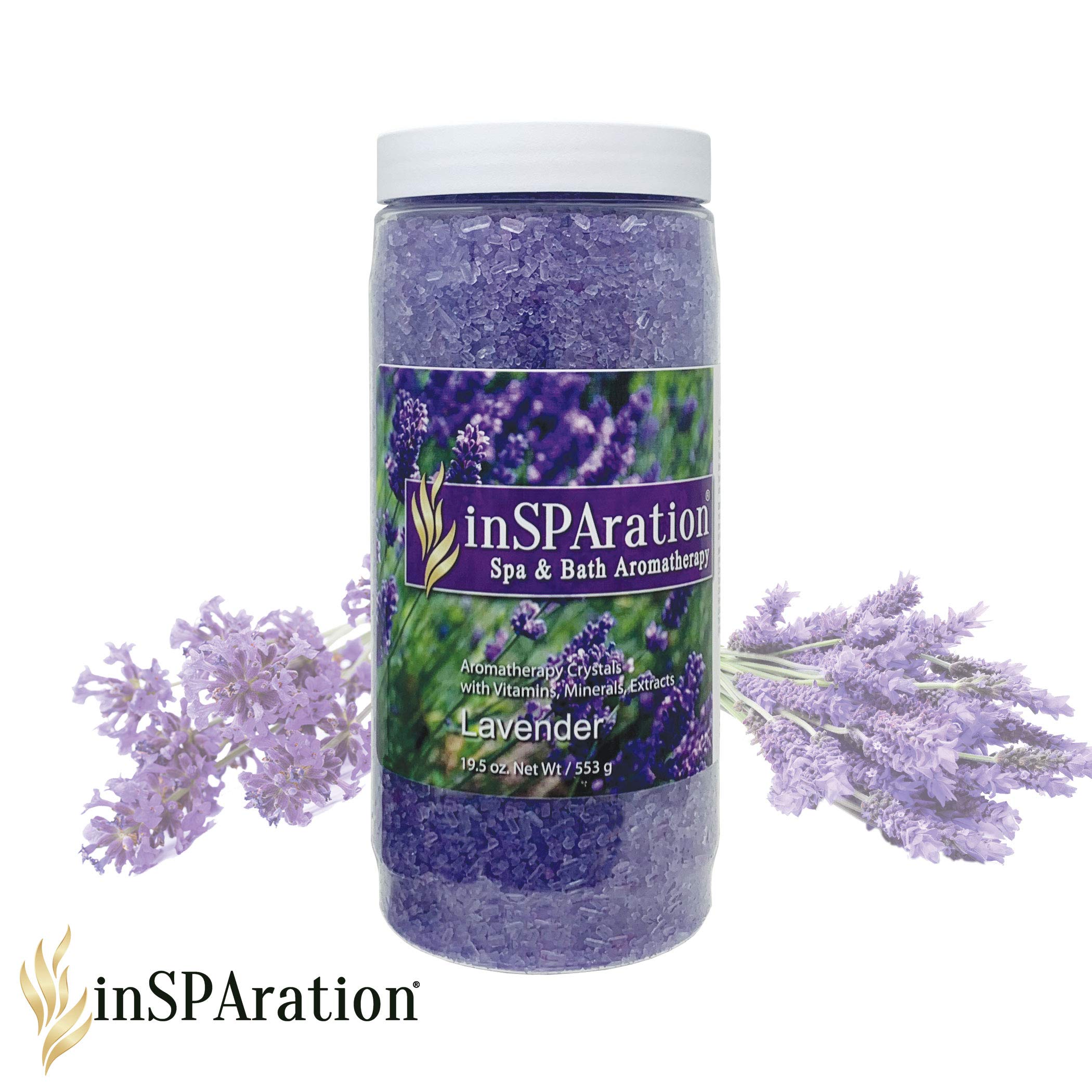 InSPAration spa scene showcasing lavender crystals in a hot tub setup.
