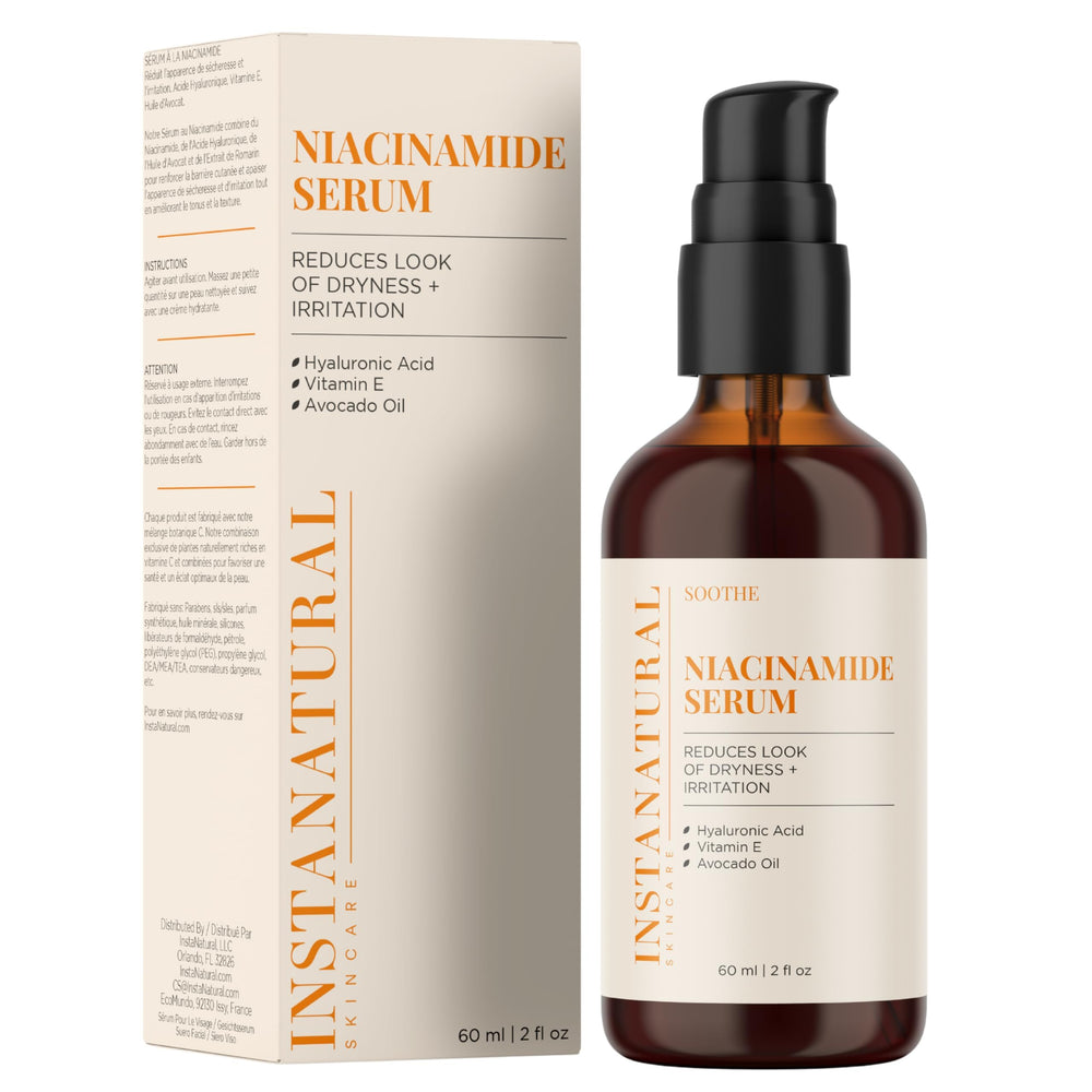 InstaNatural Niacinamide Serum bottle pump demonstrates easy daily use for hydrated skin