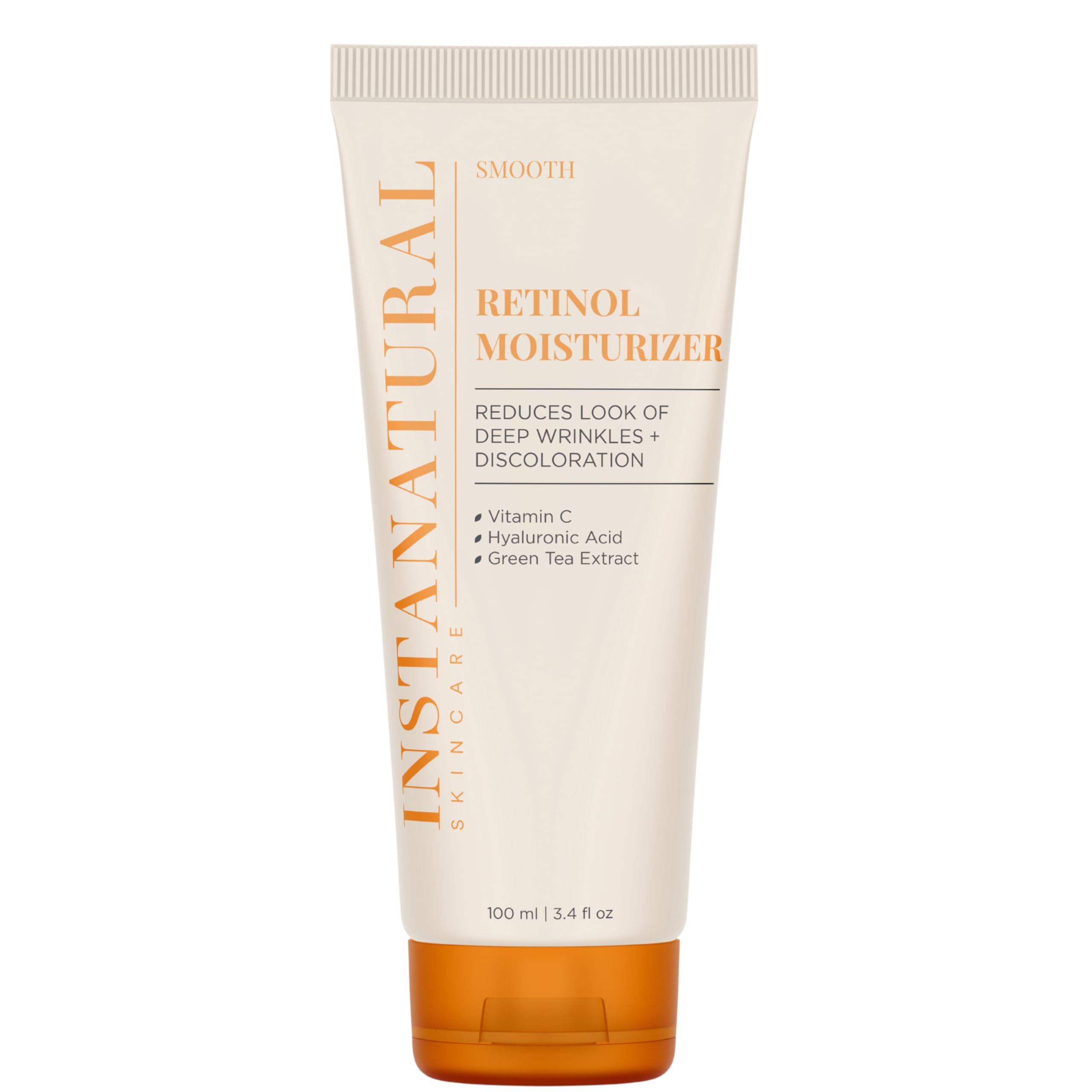 InstaNatural Retinol Moisturizer bottle close-up showing brightening nighttime care benefits.
