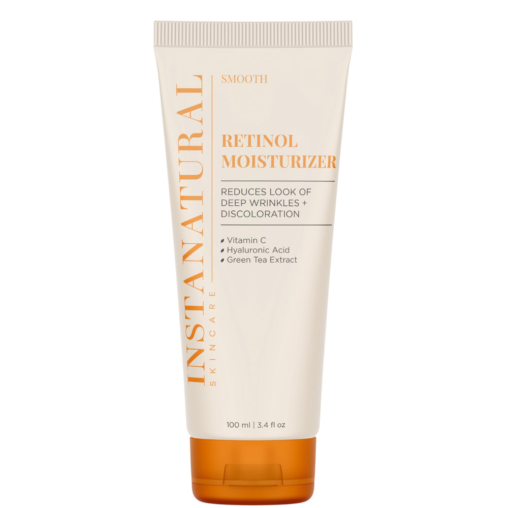 InstaNatural Retinol Moisturizer bottle close-up showing brightening nighttime care benefits.