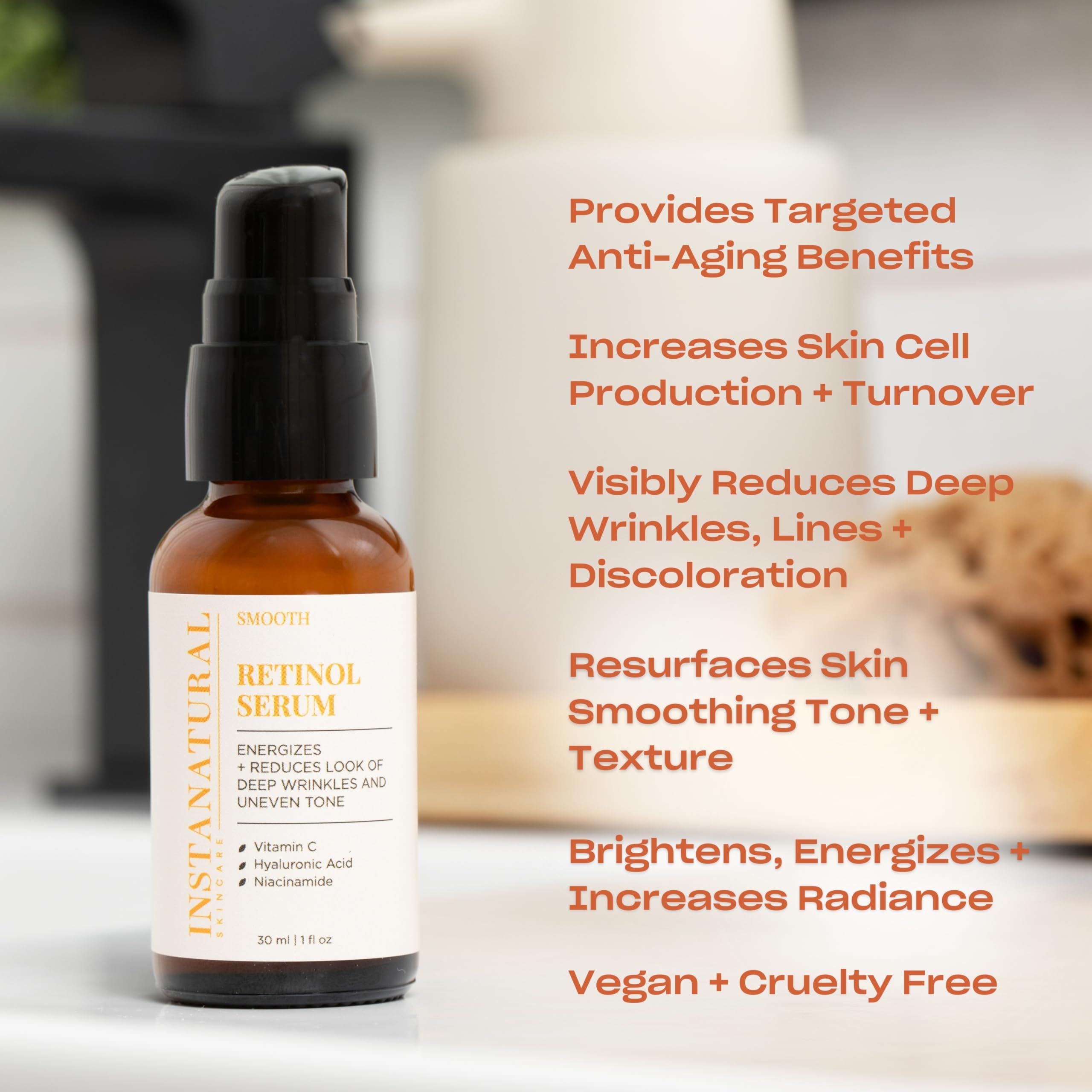 InstaNatural Retinol Serum dropper close-up for precise application and firmness.