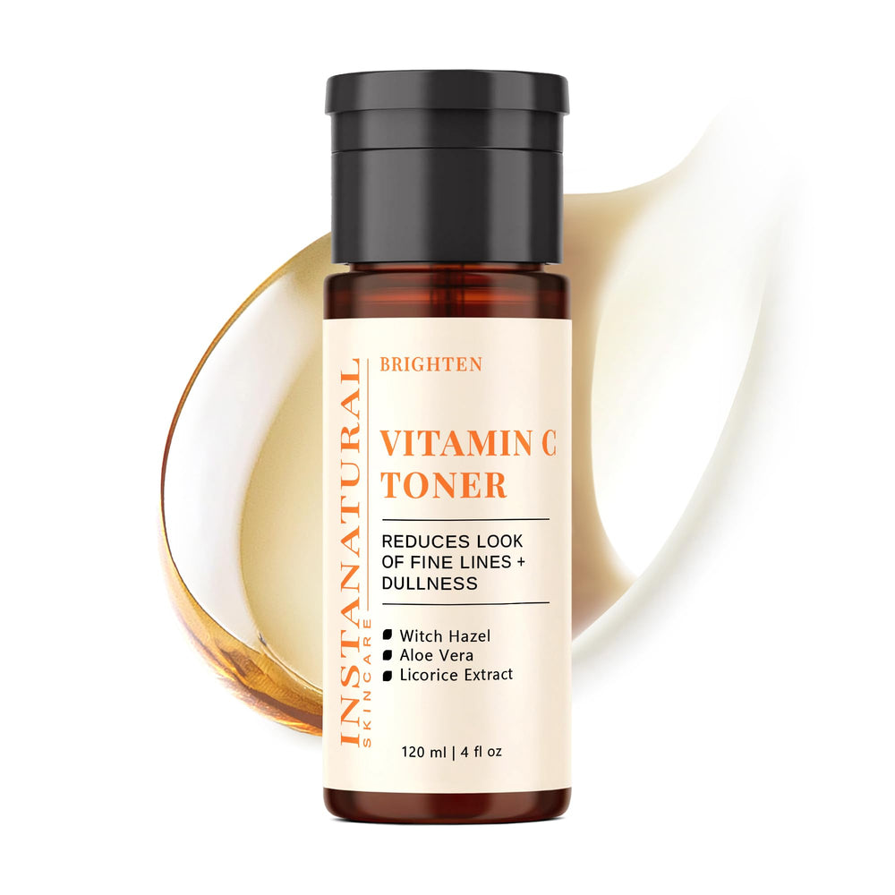 InstaNatural Vitamin C Face Toner bottle on a bathroom shelf boosts radiant skin prep.