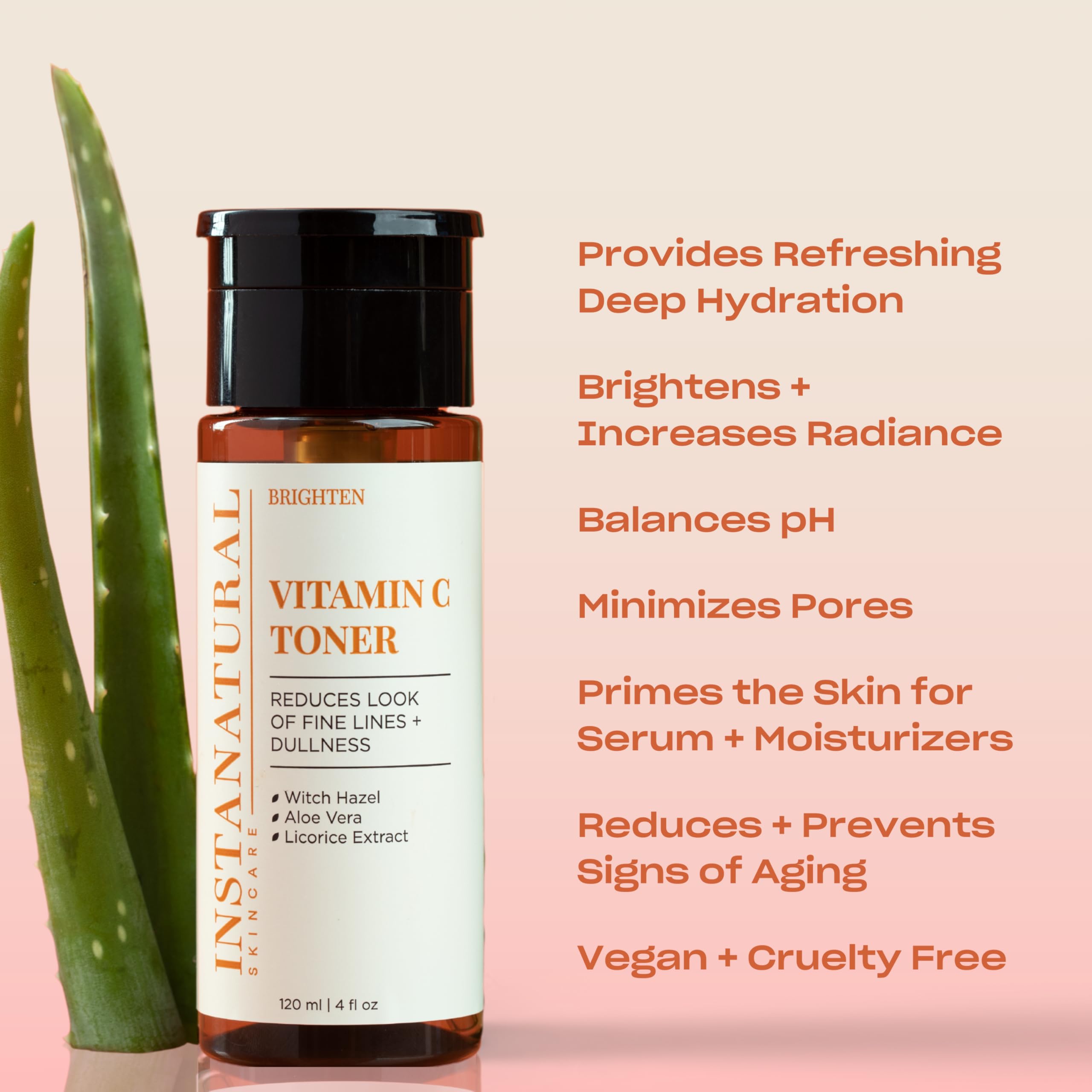 InstaNatural Vitamin C Face Toner dropper releases clear liquid for refreshed cleansing ritual.