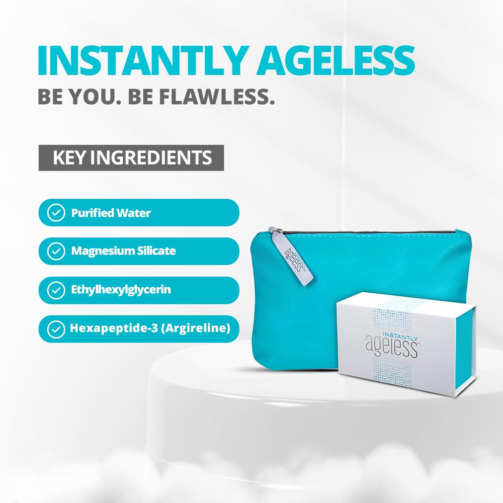 Instantly Ageless 25 vial pack with a compact makeup bag for portability