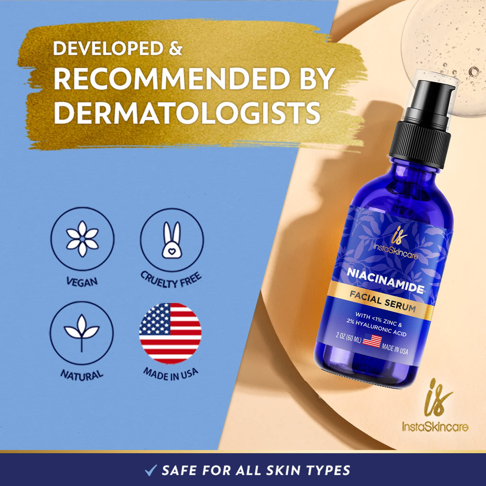 InstaSkincare Niacinamide Serum 2oz-size packaging on countertop for value-conscious shoppers.
