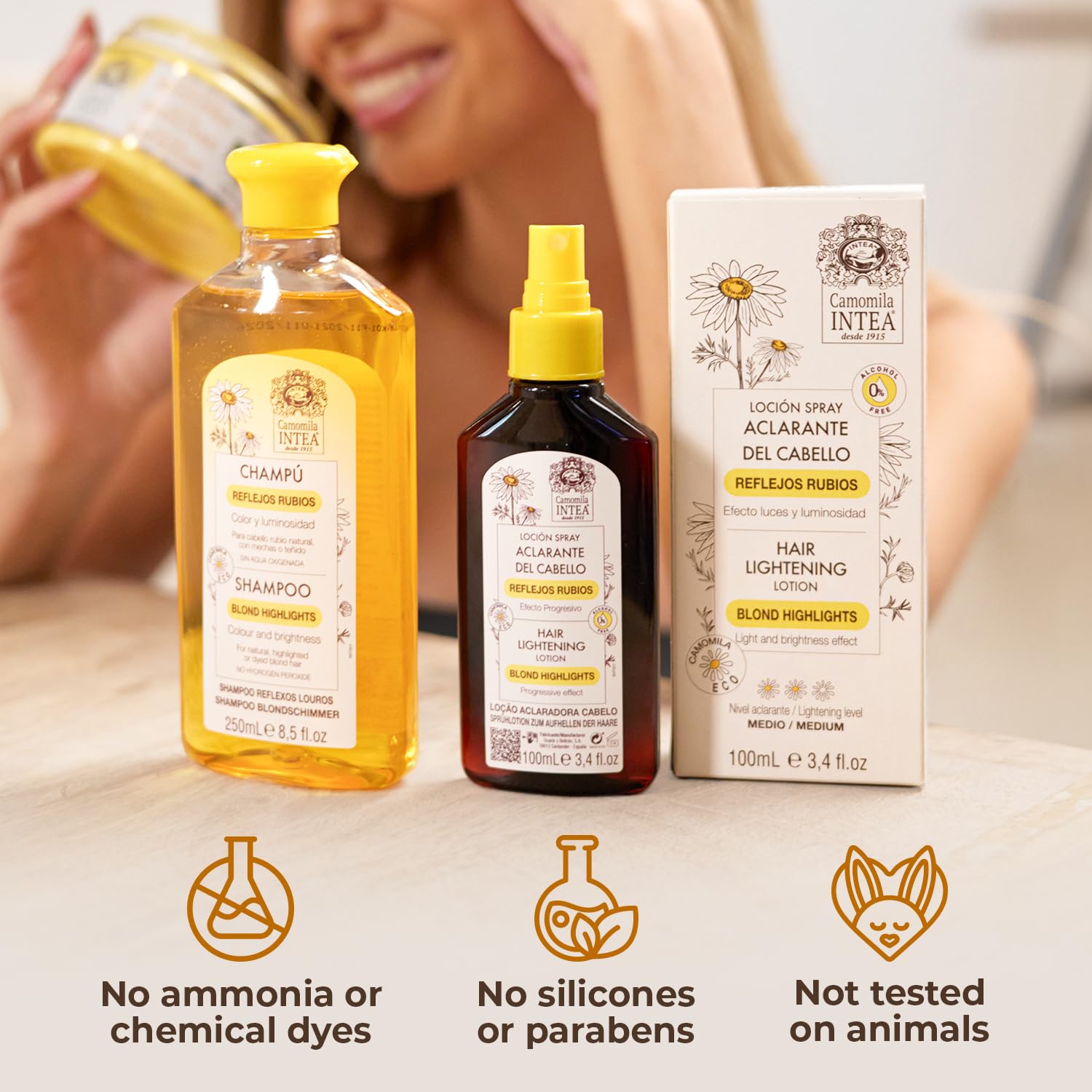 Intea Camomila spray on beach day demonstrates sun-assisted lightening.