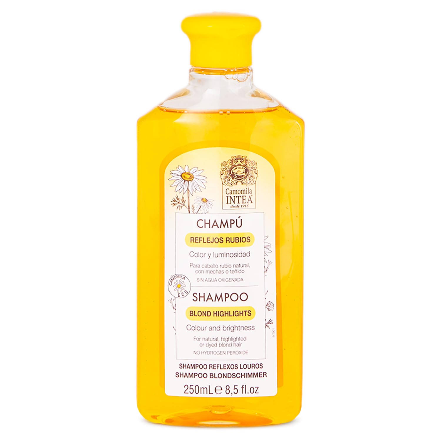 Intea Chamomile Shampoo bottle closeup highlights gentle daily cleansing for blonde hair