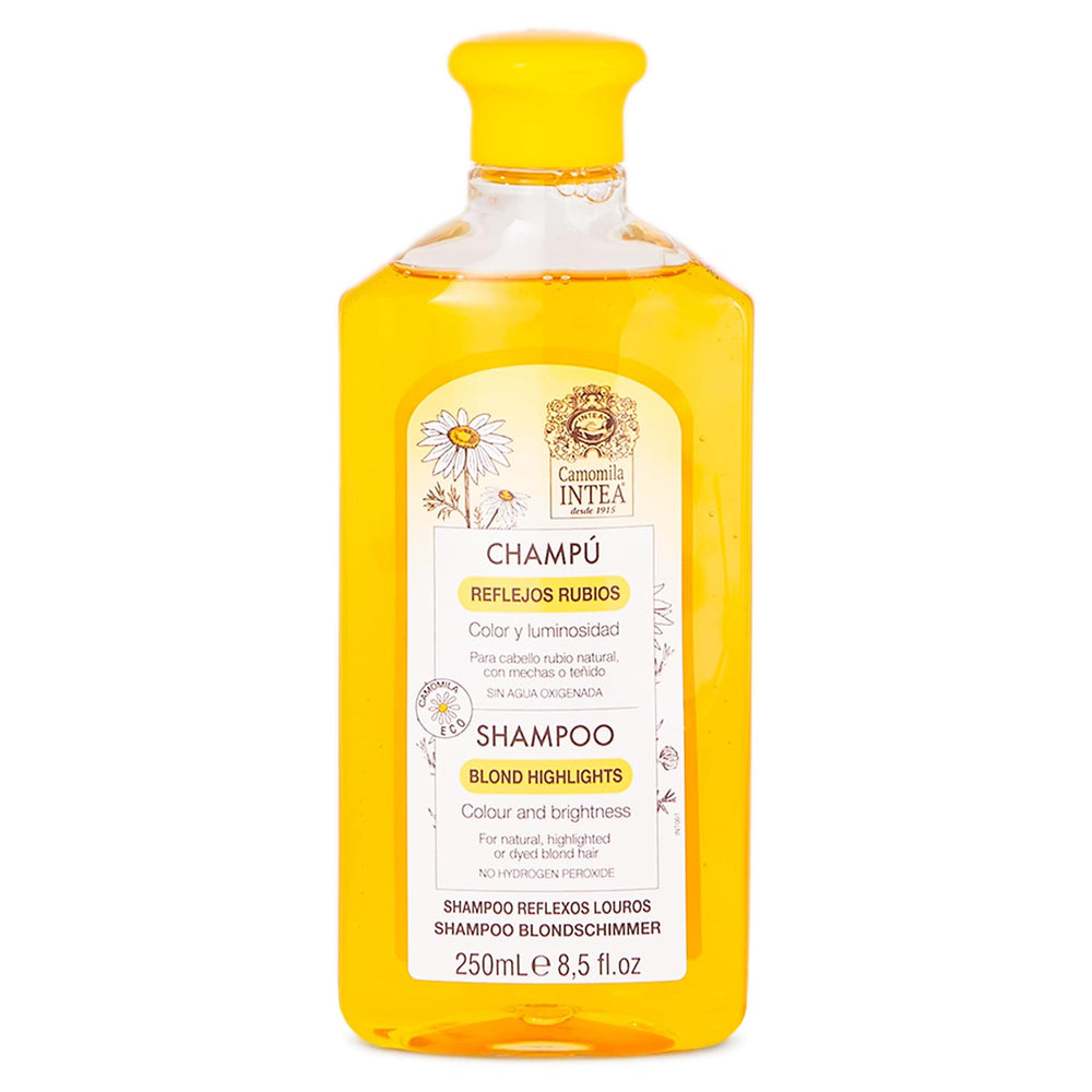 Intea Chamomile Shampoo bottle closeup highlights gentle daily cleansing for blonde hair
