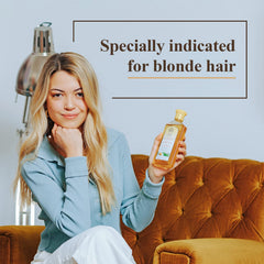 Intea Chamomile Shampoo hair shine closeup emphasizes enhanced golden highlights
