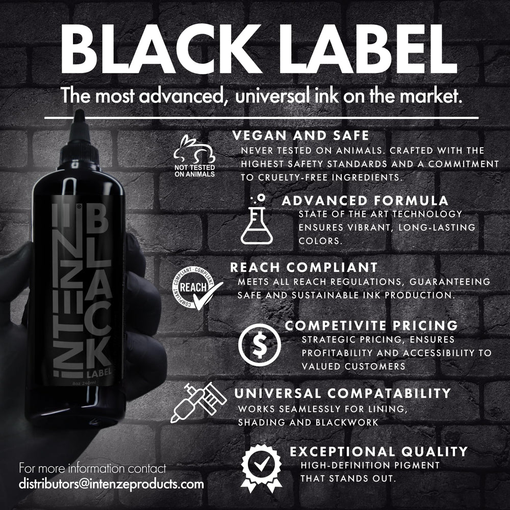 Intenze Black Label ink packaging – sturdy box front with ISO and vegan cruelty-free notes.