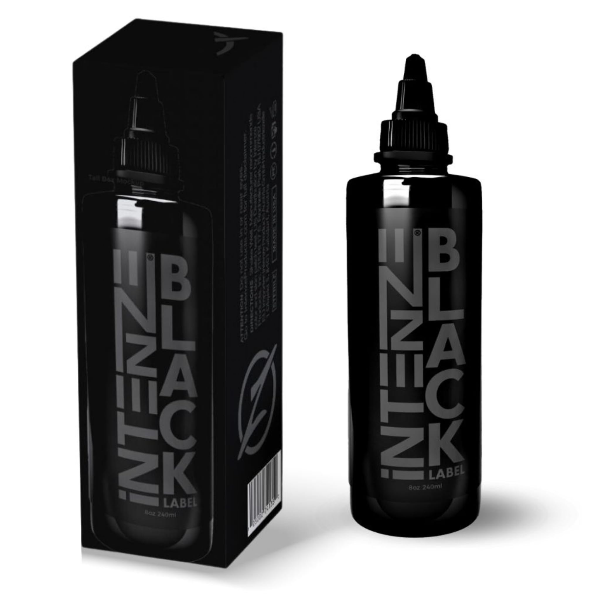 Intenze Black Label tattoo ink 8oz bottle – front view, professional-grade color for precise linework.