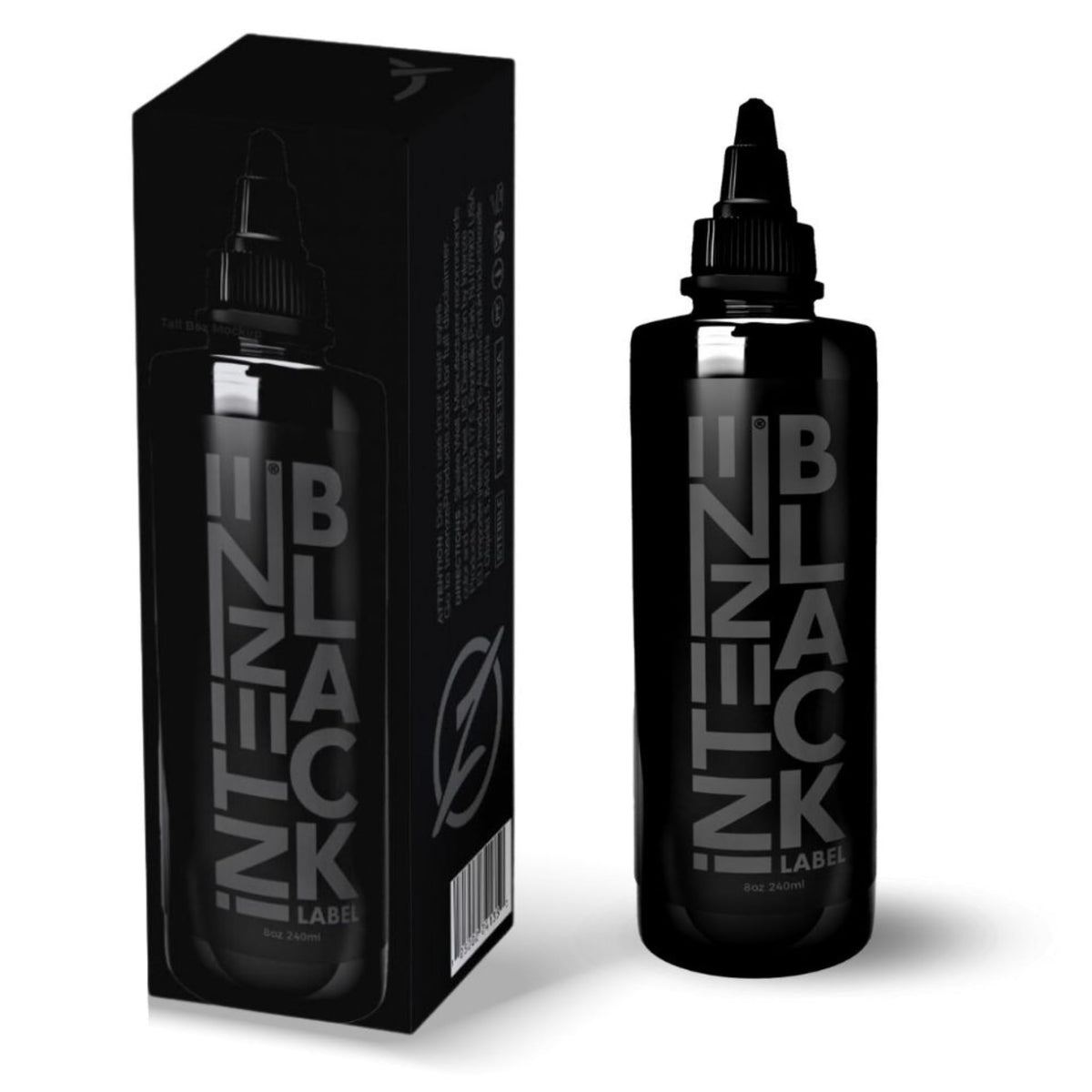 Intenze Black Label tattoo ink 8oz bottle – front view, professional-grade color for precise linework.
