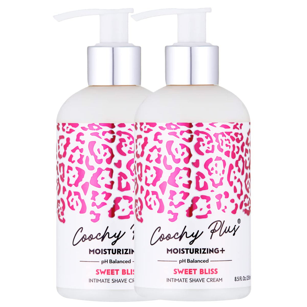 IntiMD Coochy Plus bottle shows moisturizing formula for intimate shaving.