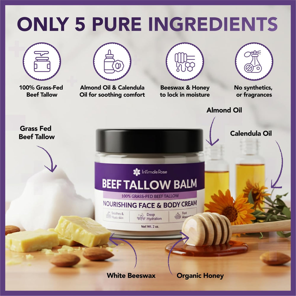 Intimate Rose beef tallow balm label natural formula highlights clean ingredients for sensitive skin.