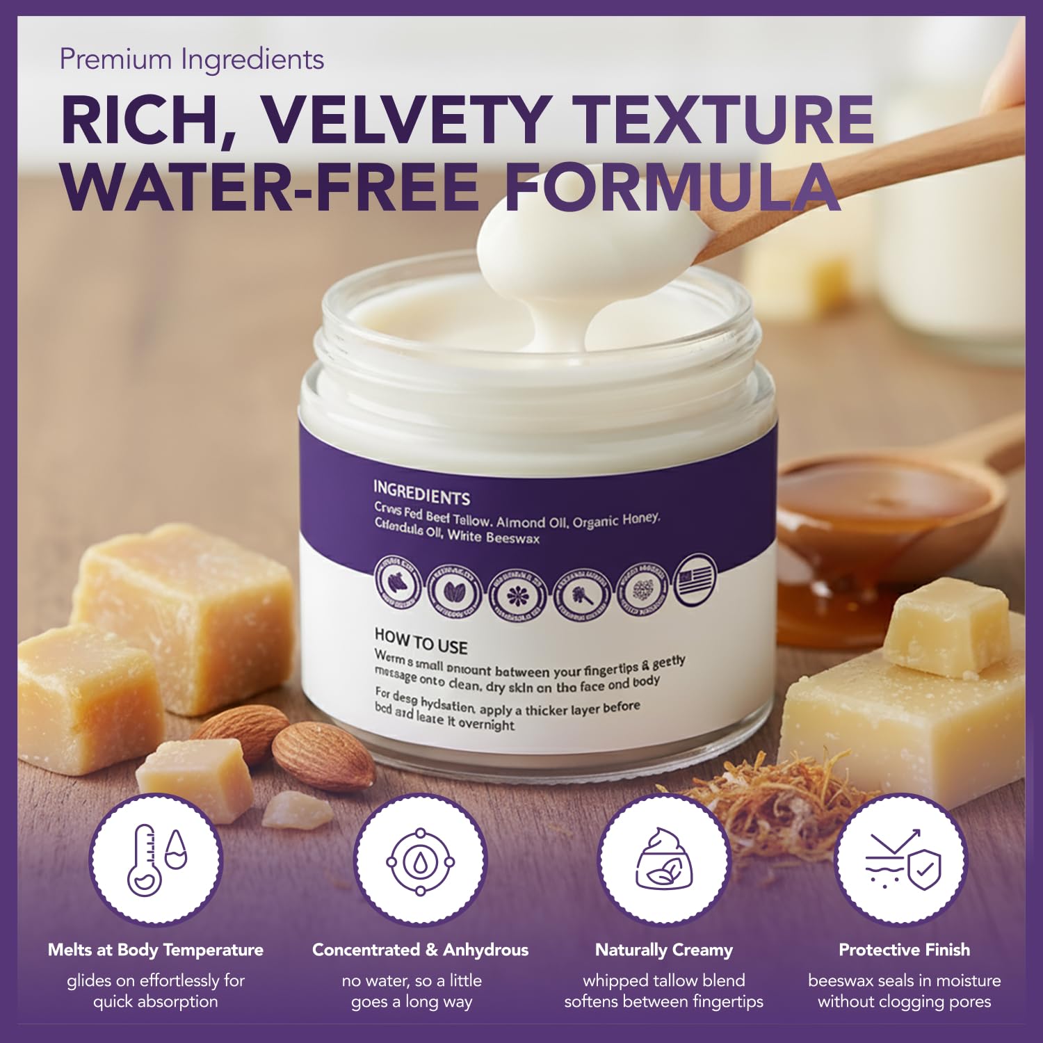 Intimate Rose beef tallow balm multi-use image showing lip balm and dry skin salve options.