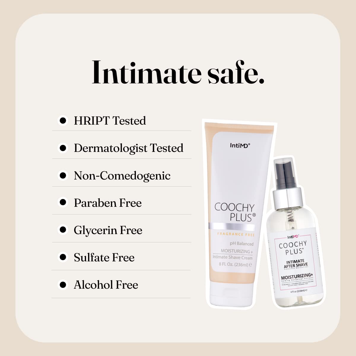IntiMD Coochy Plus avocado oil bottle, hydrating skin for comfortable shaving.