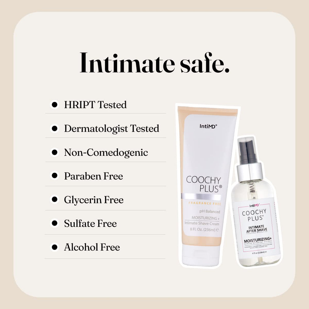 IntiMD Coochy Plus avocado oil bottle, hydrating skin for comfortable shaving.
