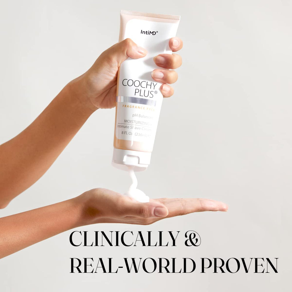 IntiMD Coochy Plus underarm use image signals versatile body care.