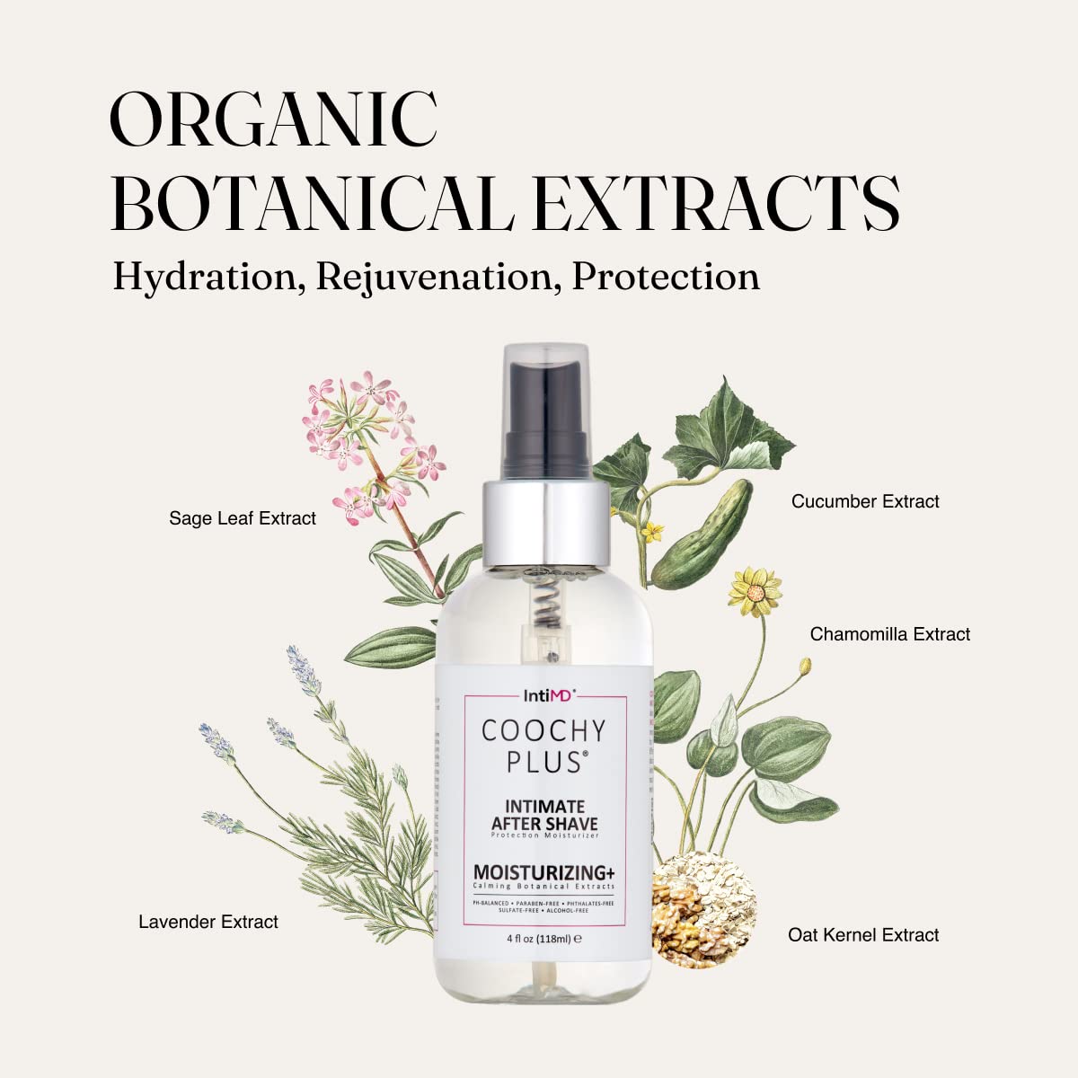 IntiMD moisturizing formula bottle highlights jojoba, avocado, aloe, shea.