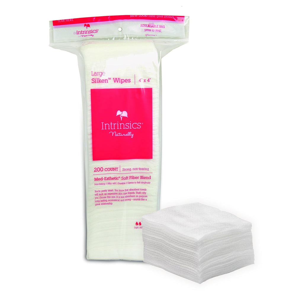 Intrinsics Large Silken Wipes pack shot showing bulk 200-count supply for home or spa use