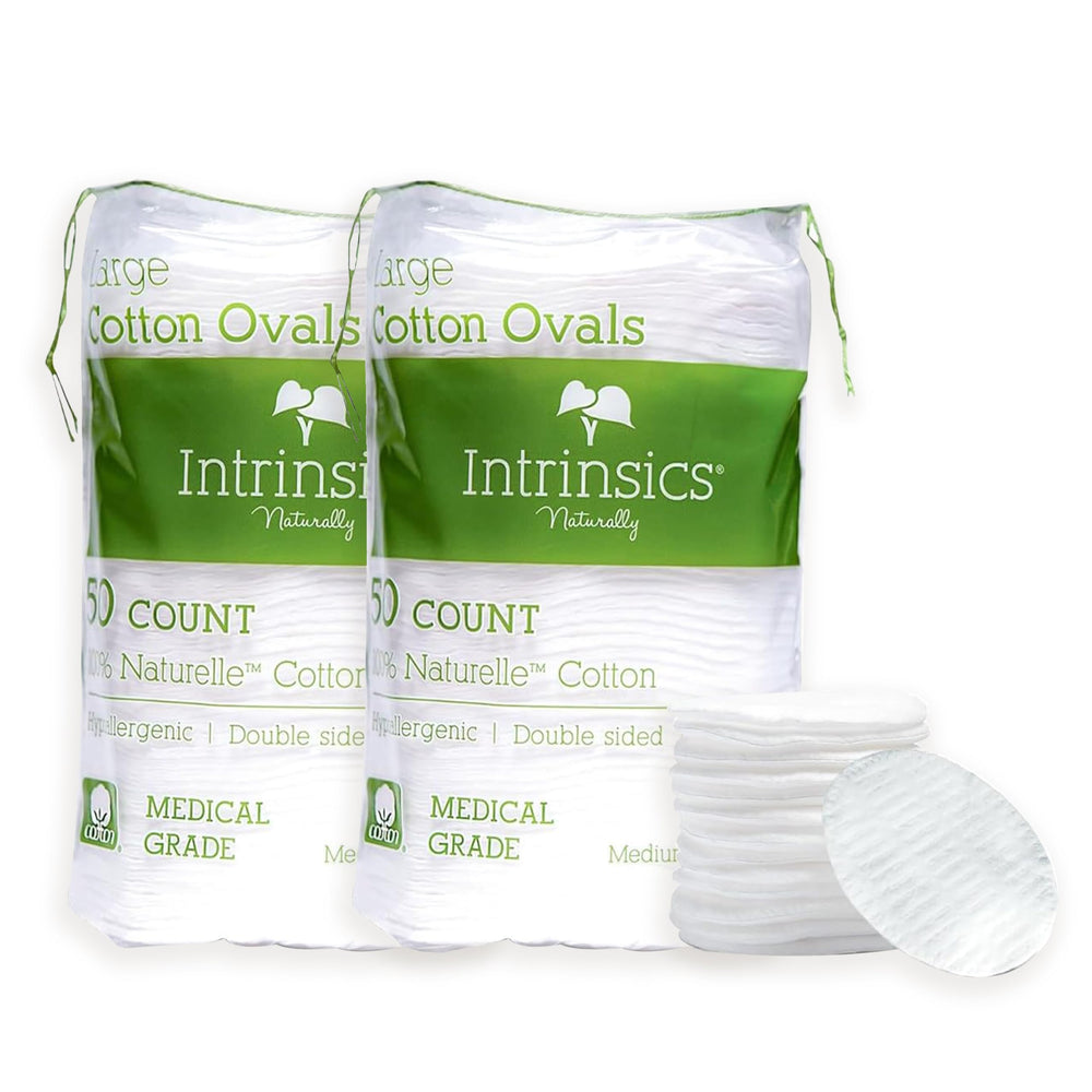Intrinsics Premium Cotton Ovals pack close-up for quick makeup removal.
