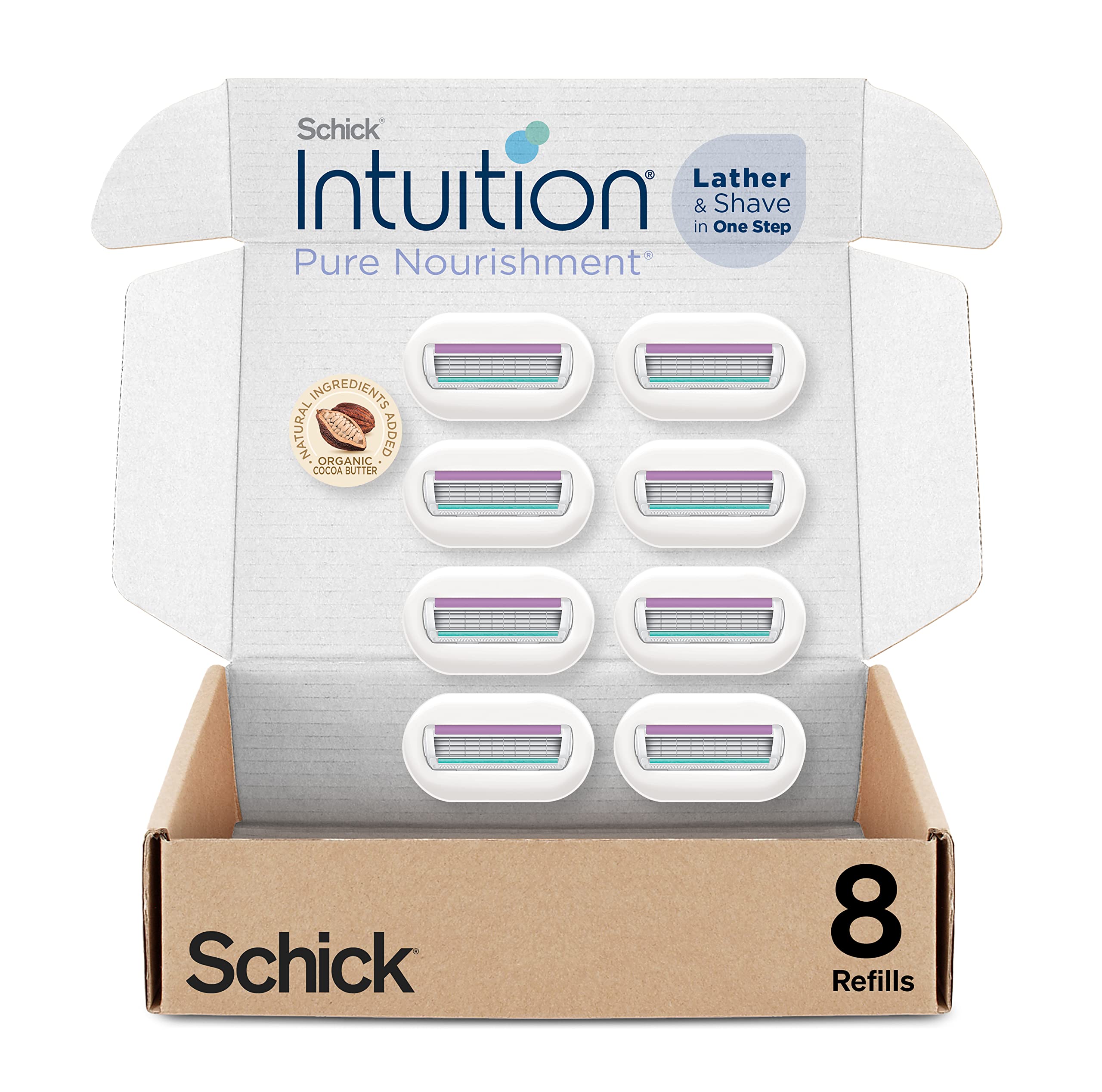 INTUITION 8-count refill pack front view for gel-free, convenient shaving.