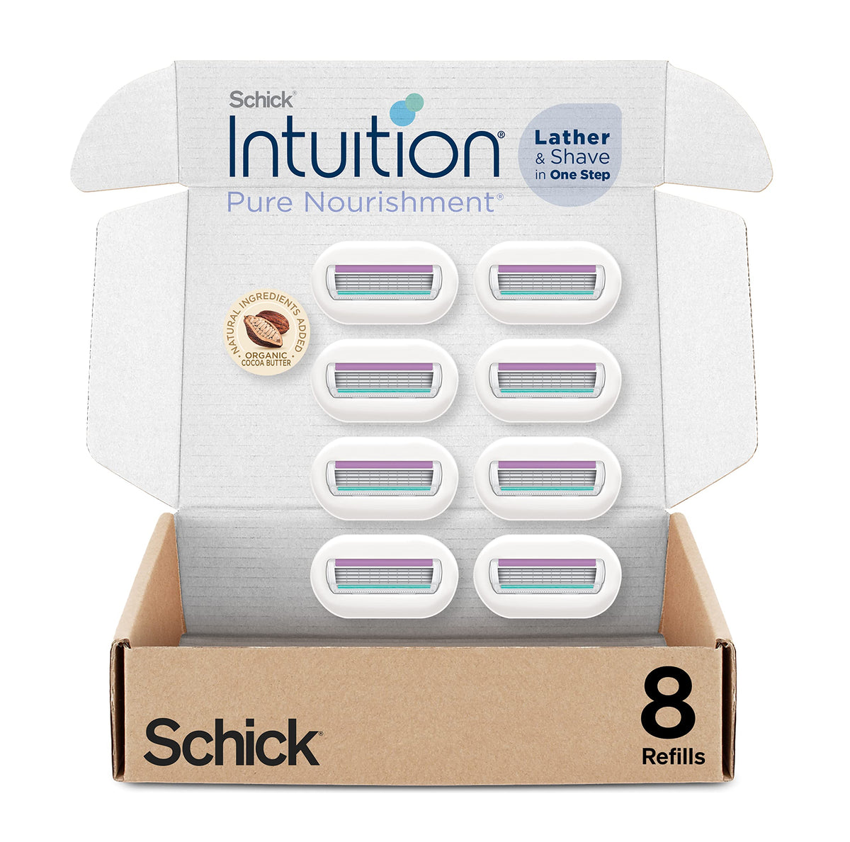 INTUITION 8-count refill pack front view for gel-free, convenient shaving.