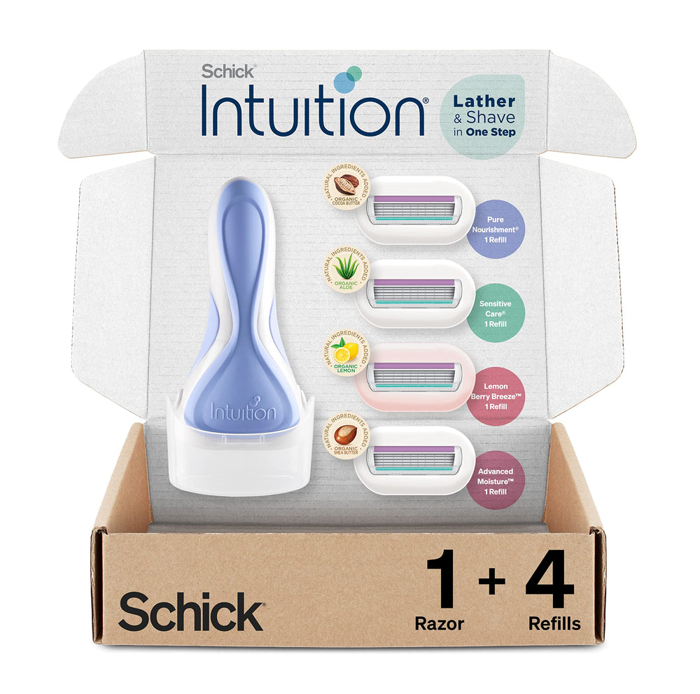 INTUITION variety pack razor handle with ergonomic grip for easy shaving.