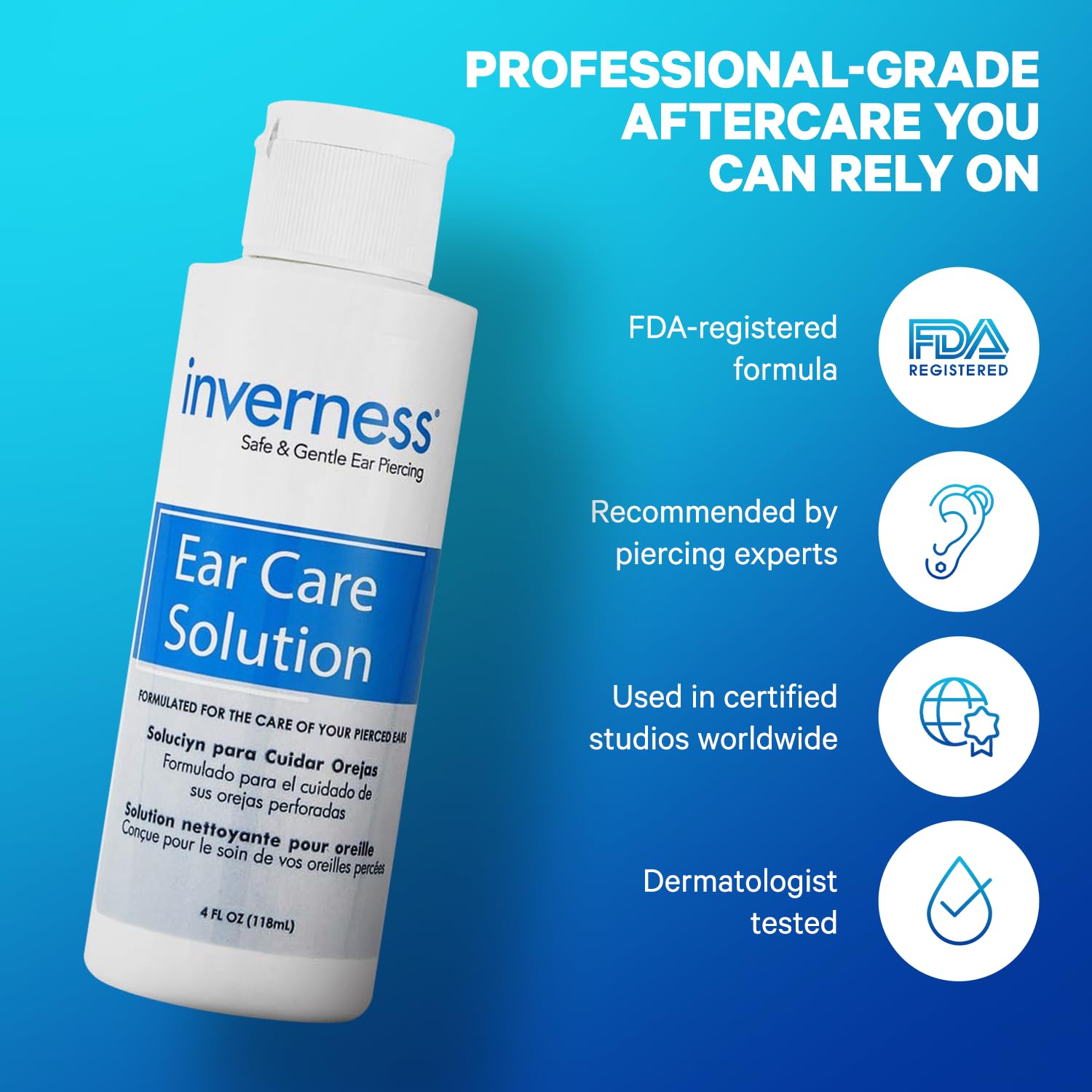 Inverness front-and-back ear care illustration emphasizes thorough cleansing during care