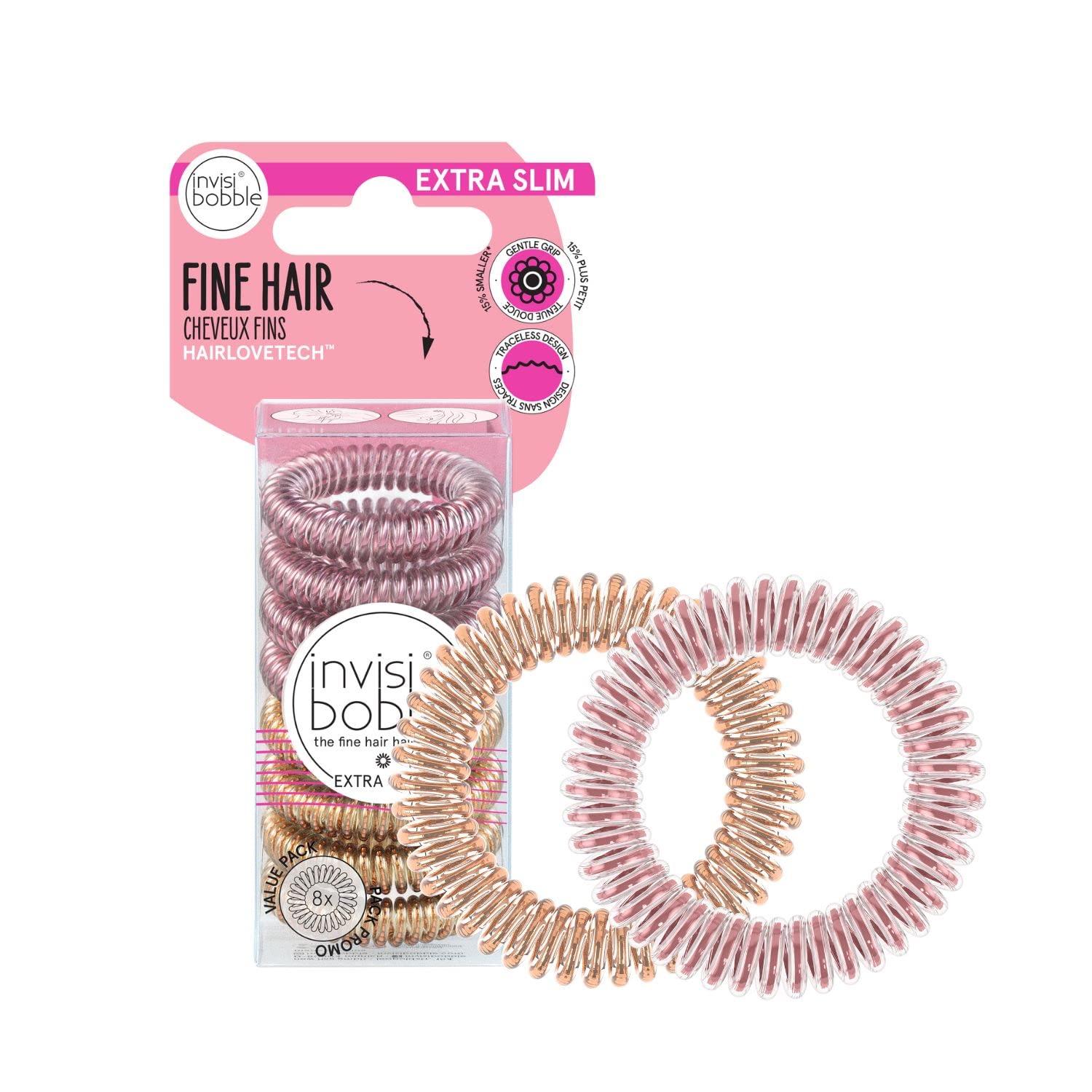 invisibobble Original Traceless Extra Slim pack 8 in Bella Rosa and Bronze colors for subtle hold