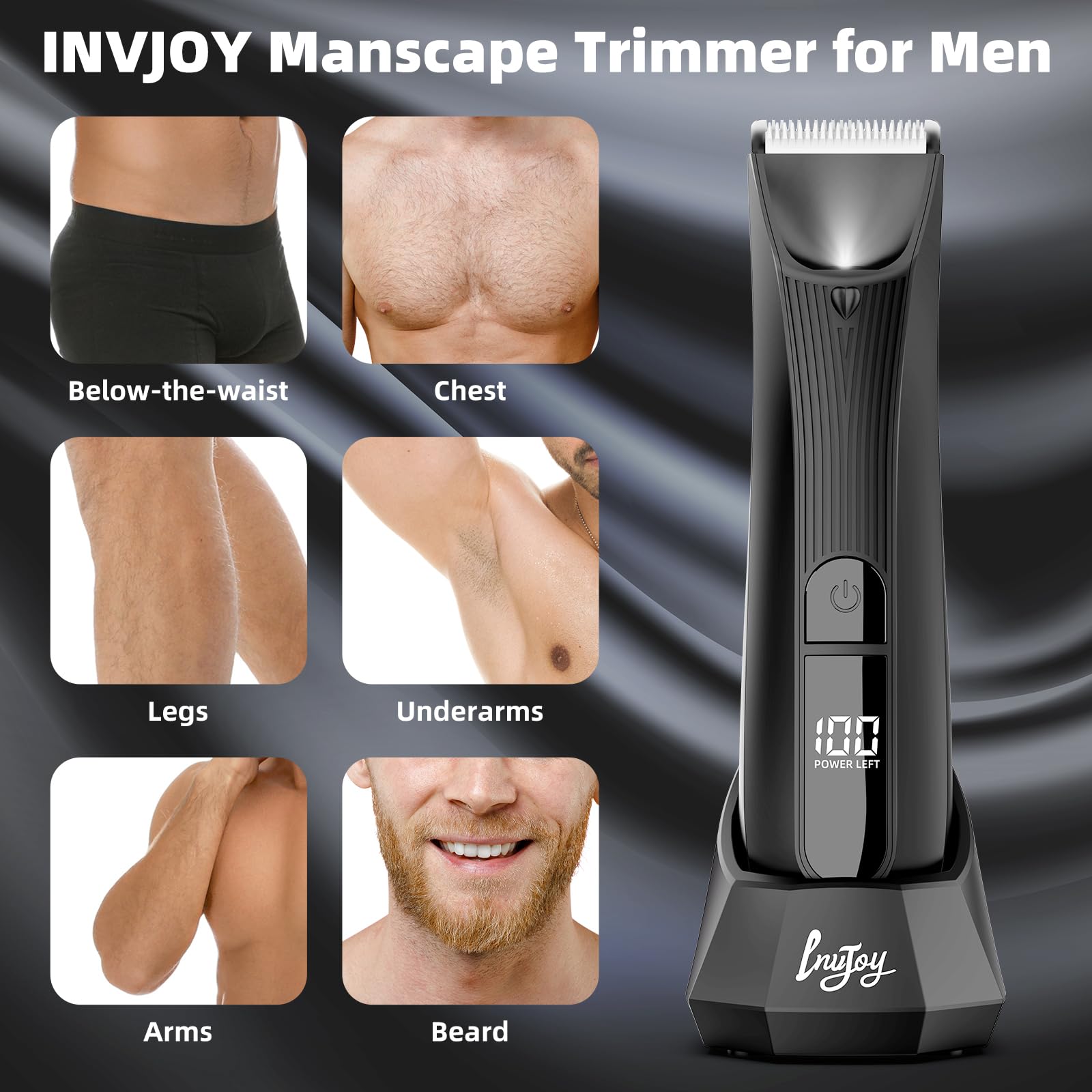 INVJOY Manscape Trimmer LED display indicates battery level for easy charging.