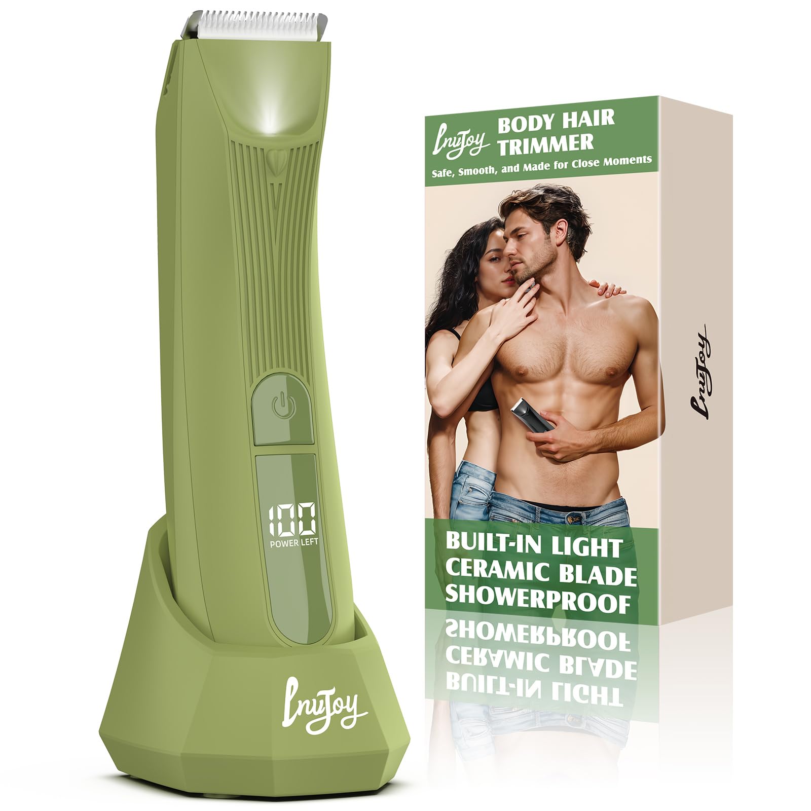 INVJOY pubic hair trimmer light closeup shows precise trimming for sensitive areas.