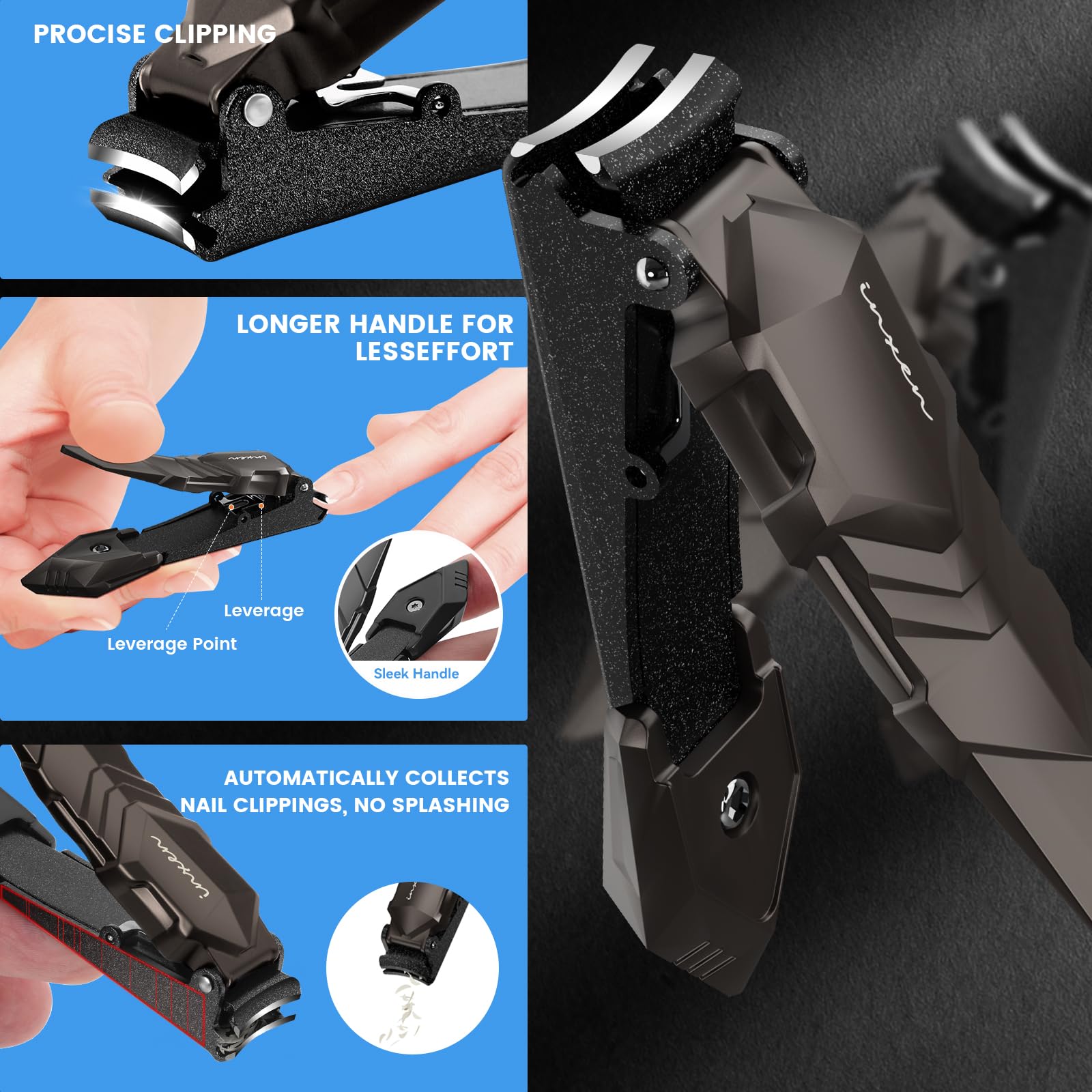 INXEN nail clippers storage slot catching clippings for easy cleanup