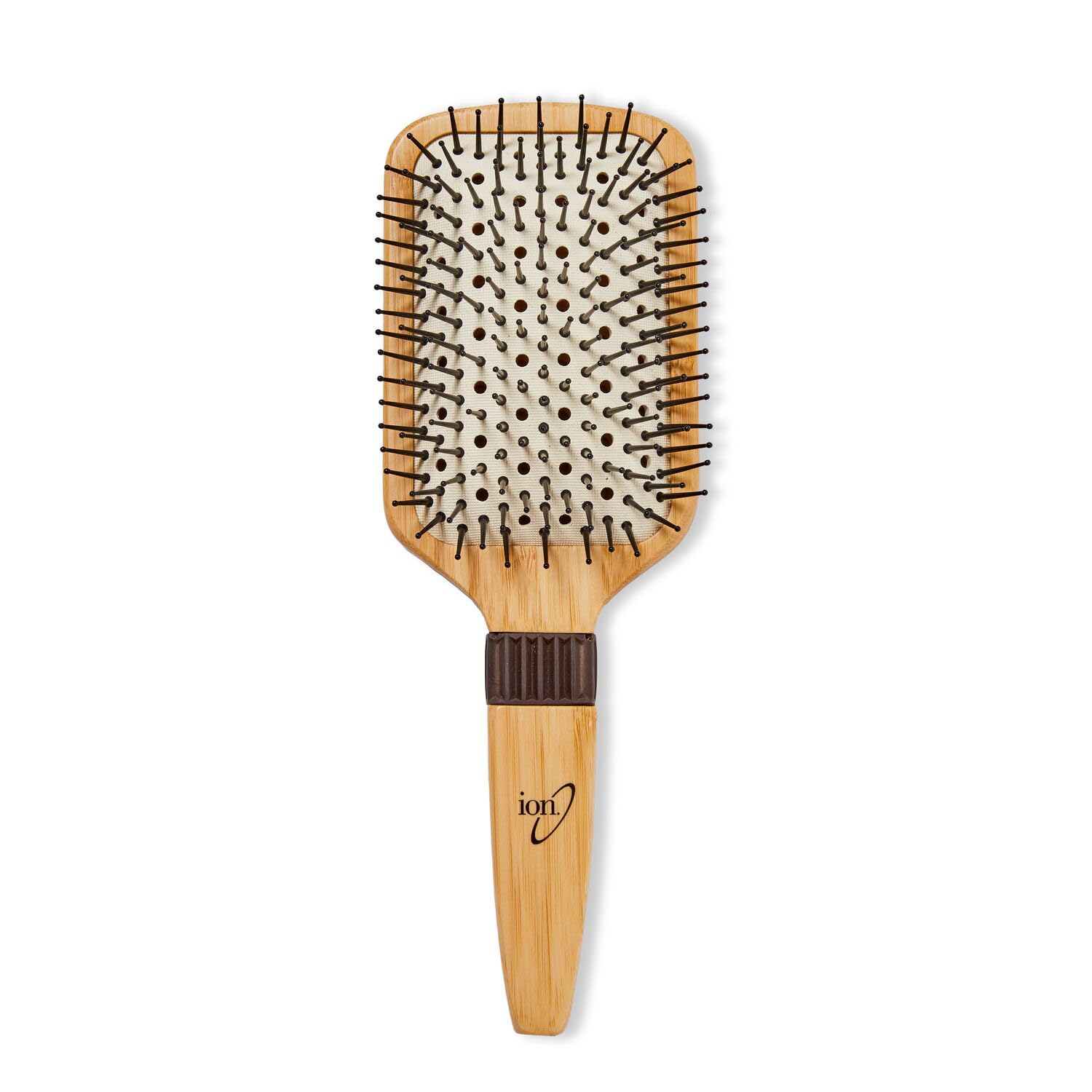 Ion Bamboo Vented Paddle Brush body highlights lightweight bamboo for easy styling