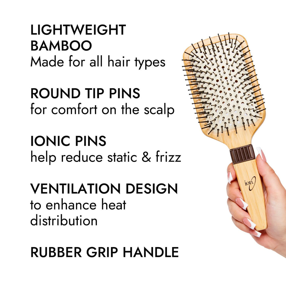 Ion Bamboo Vented Paddle Brush round-tip pins reduce scalp irritation and friction