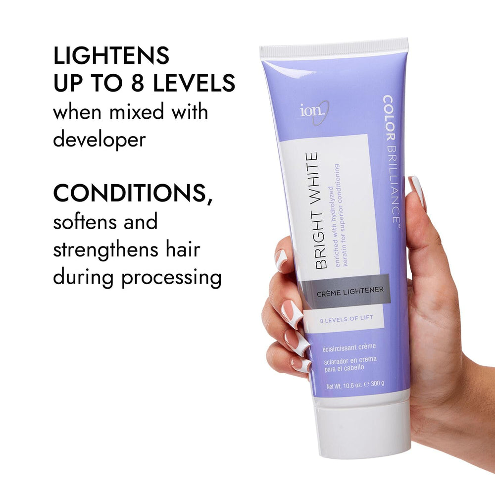Ion Bright White Creme Lightener off-scalp use shows balayage-friendly lightening with higher-volume developer