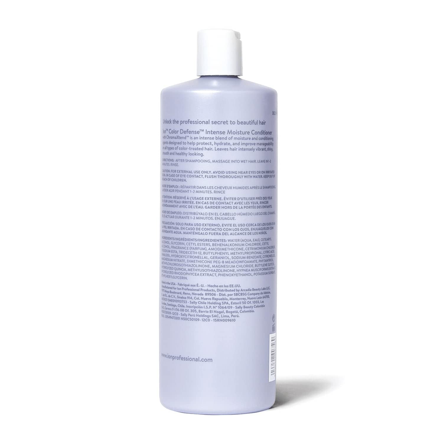 Ion Color Defense Intense Moisture Conditioner packaging highlights free-from ingredients and color care benefits.