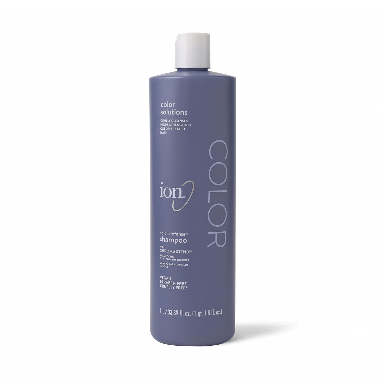 ion Color Defense Shampoo bottle close-up showing vegan, color-treated hair care.