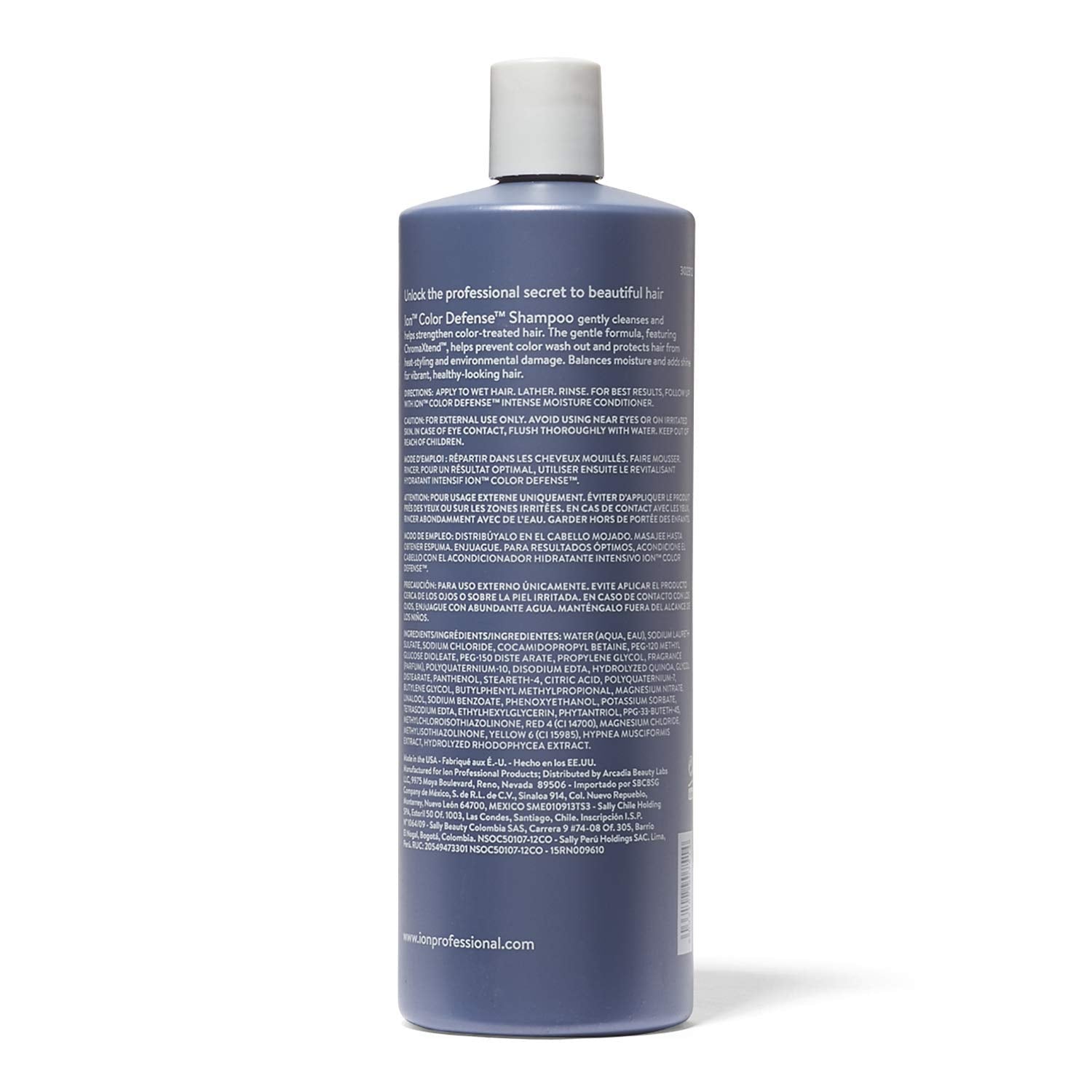 ion Color Defense Shampoo bottle beside color-treated hair highlighting color-safe care.