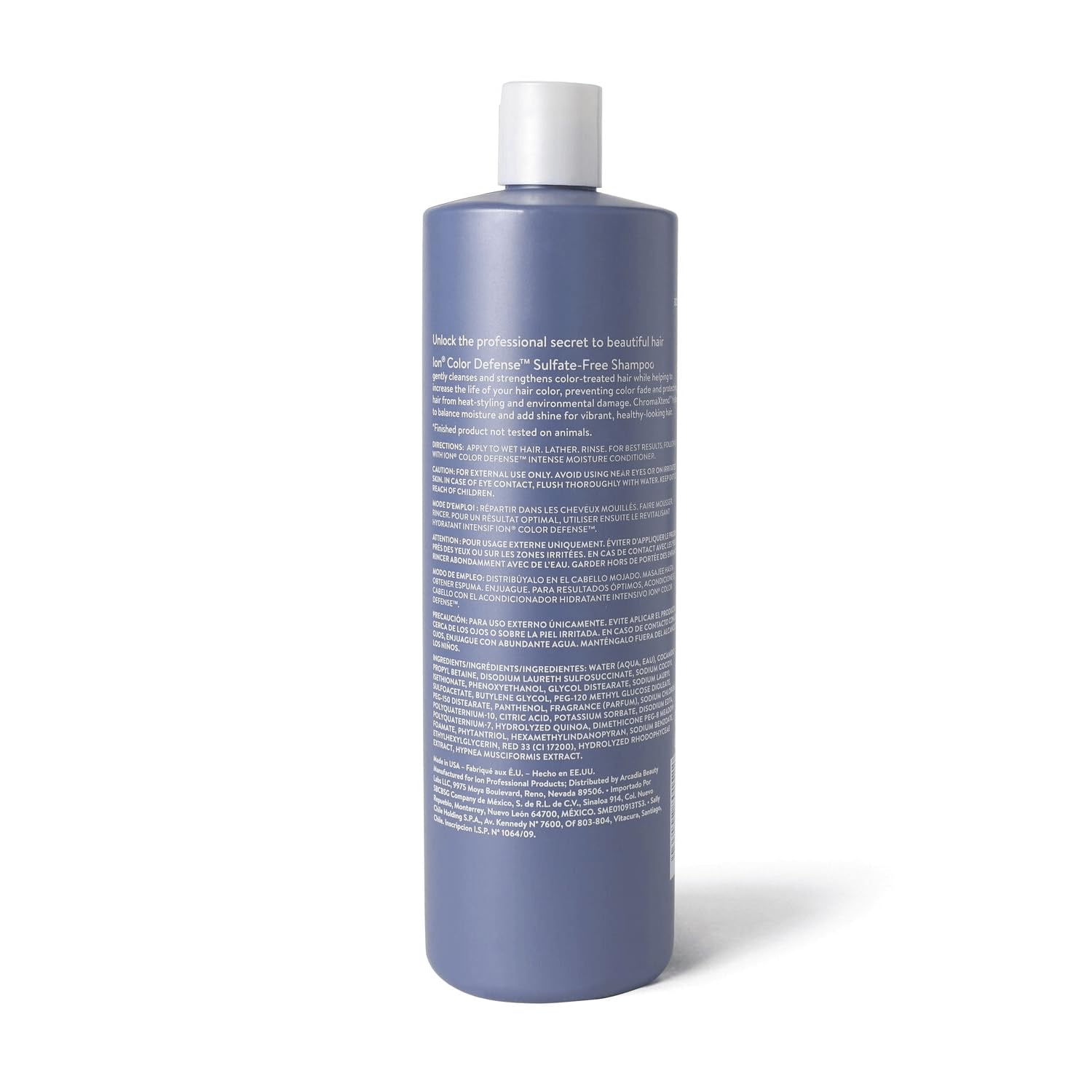 Ion Color Defense Shampoo pump demonstrates heat protection during styling.